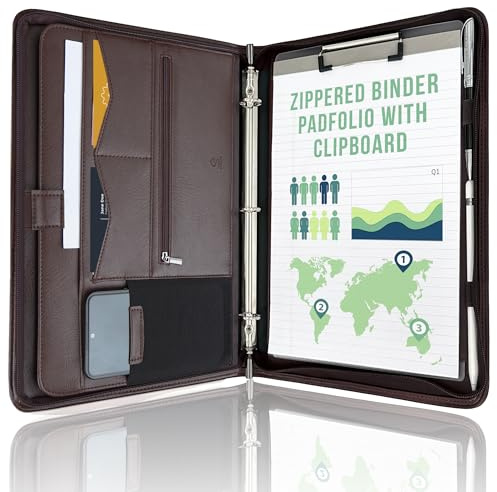 STYLIO Portfolio-Ordner mit Reißverschluss, Walnussholz, 3-Ringbuch und Klemmbrett (abnehmbar), Portfolio-Organizer für Dokumente, iPad, Tablet, Telefon, Kunstlederordner für Damen und Herren