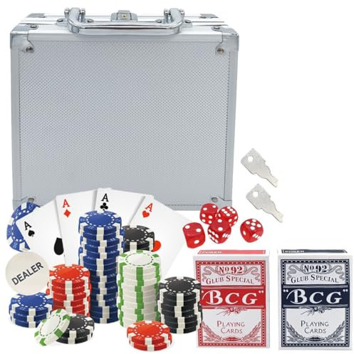 Glac Store Valigetta da Poker Texas Hold’em Blackjack con 100, 200, 300 Chips Fiches, 2 Mazzi di Carte, 5 Dadi e Dealer - Colore Argento (100)