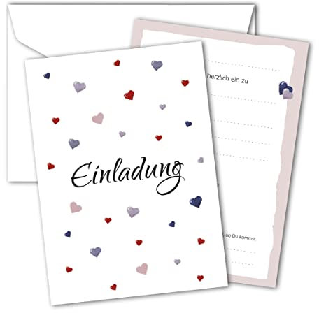 RotfuchsDesign – Einladung mit Herz, 12 Einladungskarten, Geburtstag, Party, Jubiläum, Abschied, Erwachsene, Frau, Mädchen, Kinder, zum Ausfüllen, mit Umschlägen, modernes Design, DIN A6