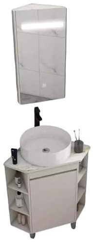 Meuble-lavabo d'angle pour salle de bain avec lavabo en céramique et armoire à miroir, meuble-lavabo sur pied pour salle de bain, lavabo en céramique, petits lavabos pour petits espaces (38 cm/1