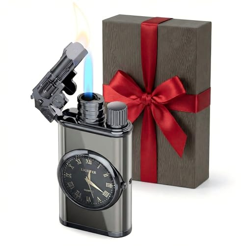 Cool Gun Lighter with Watch Gifts for Him, Dual Flame - Jet & Pipe, Windproof Gas Lighter Butane Refillable, Lighters Gift for Men, without Gas