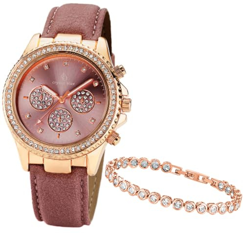Crystal Blue Damen Armbanduhr Set Damenuhr Rose Chrono-Style Leuchtzeiger + Knebelarmband o. Tennisarmband Rose