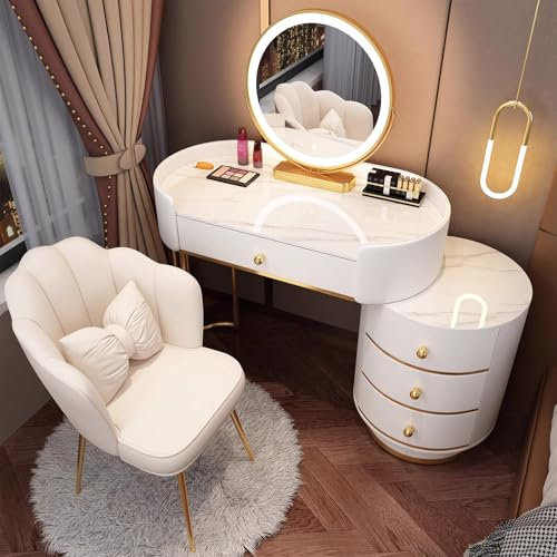 MiaJJooLi Schminktisch Granitplatte mit LED Beleuchtung Spiegel Und Stuhl, Frisiertisch Kosmetiktisch mit 5 Schubladen Massivholz,80cm/100cm Frisierkommode Weiß