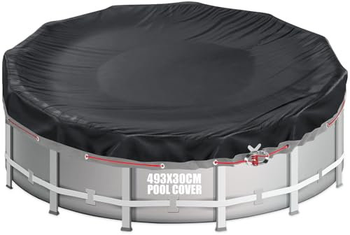 Aipwerer Poolabdeckung Rund für 460-488cm Pool | Pool Plane Ø493cm | Sommer & Winter Poolplane | 420D Oxford Reißfest | Abdeckplane für INTEX & BESTWAY Pools (Schwarze Ösen)