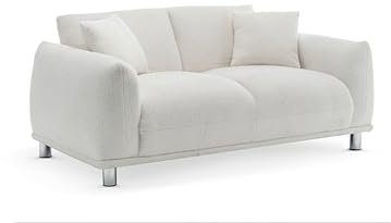Lovesofas Modern White 2 Seater Boucle Sofa in White for Living Room, Office, Small Appartments - Teddy Sofa, 165 cm Love Seat with Solid Wood Frame, Metal Legs & Additional Cushions
