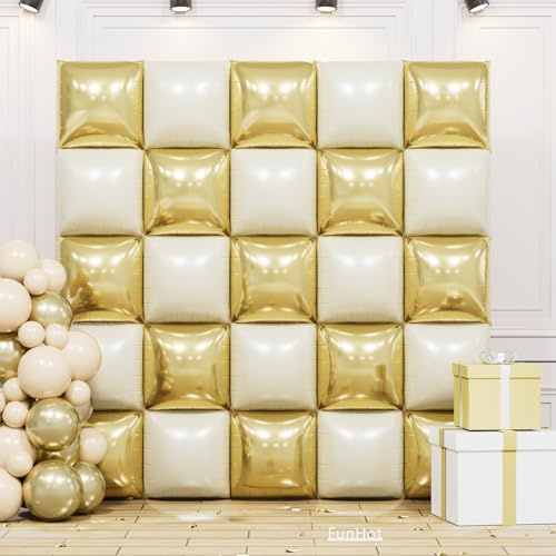 Gold Cream and White Square Foil Balloon Wall,19 Inches Double Sided Chrome Square Balloons Tunnel Arch Kit for Birthday,Graduation,Anniversary Party Background Decorations