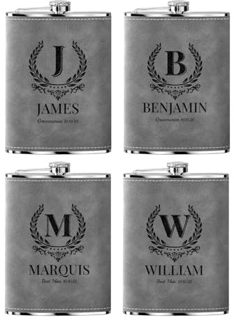 4 Pieces Personalised Hip Flask Groomsmen Best Man Gifts 8 Oz Engraved Stainless Steel Alcohol Flasks for Wedding Birthday Christmas Custom Gift Flask for Men Women, Grey