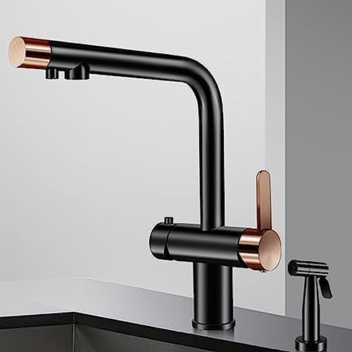 Brass 3 Way Kitchen Tap with Rotary Airbrush Multifunction Sink Tap Black+Rose Gold