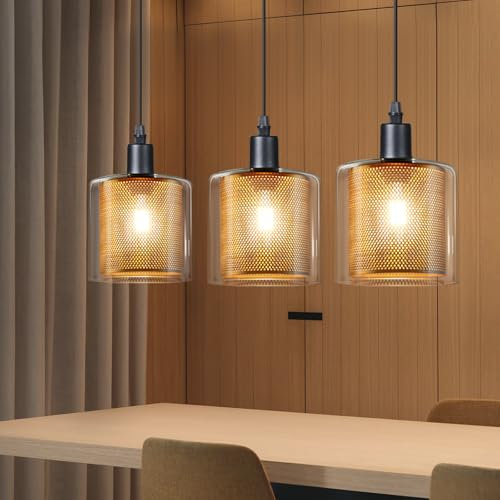 ZMH Pendelleuchte Esstisch Hängelampe Gold : Hängeleuchte 3-Flammig Esstischlampe E14 Glas Retro Esszimmerlampe Vintage Höhenverstellbar Wohnzimmer Pendellampe für Esszimmer Küche(Mit Glühbirne)
