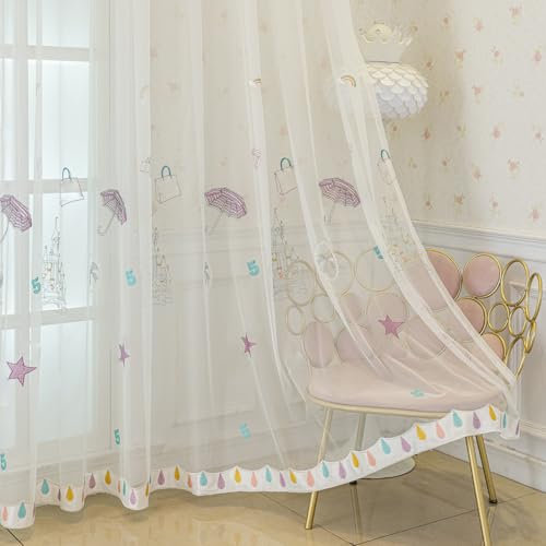 KEKUYA Voile Gardinen Vorhänge Halbtransparent Wohnzimmer mit Ösen für Schlafzimmer Kinderzimmer,Cartoonschloss 2er Set 229x229cm (B x H)