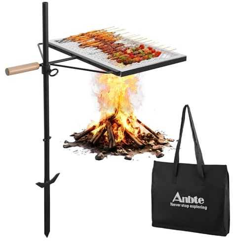 Anbte 35 Swivel Campfire Grill Grate, 360° Adjustable Heavy Duty Chrome-Plated Steel Fire Pit Grill with Carry Bag, Portable for Camping Backyard Outdoor BBQ Cooking Open Fire