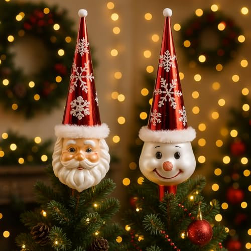 Puntale per Albero di Natale con Cappello Lucido e Fiocchi di Neve 30cm, Babbo Natale o Pupazzo di Neve, Prodotto Assortito, Ideale per le tue Festività - Varzi dal 1956