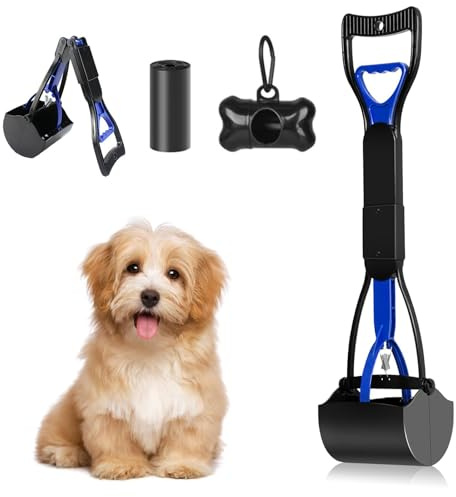 SCDZY Pala para excrementos de perro, plegable, portátil, mango largo, con dispensador de bolsas de excrementos y bolsas de residuos, rastrillo para recoger residuos de excrementos de mascotas para