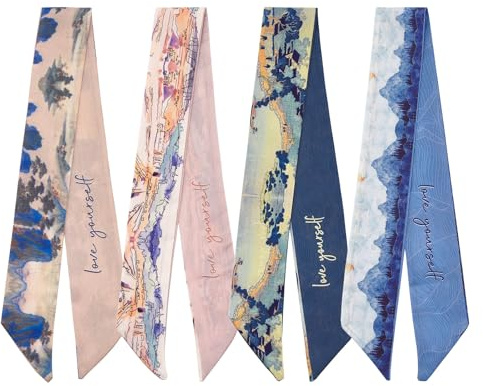 QIUTIMIY 4 Pack Purse Scarf Handbags Skinny Twill Hair Scarves Narrow Neck Scarf Band Women Fashion Accessories Bag Charms