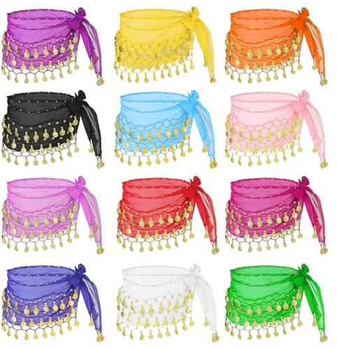AHQiZFX 12 Pcs Belly Dance Skirt, Sequin Tassel Skirt Wrap Sparkly Tinsel Fringe Skirts with Sequins and Coins, Performance Costume for Women