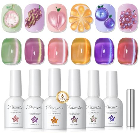 PEACECOLOR Cat Eye Gel Nail Polish, 6 Colours Soak-Off U V/LED Polish Purple Pink Orange Green Magnetic Gel Polish with Magnet for DIY Manicure Gifts for Women, 10ML