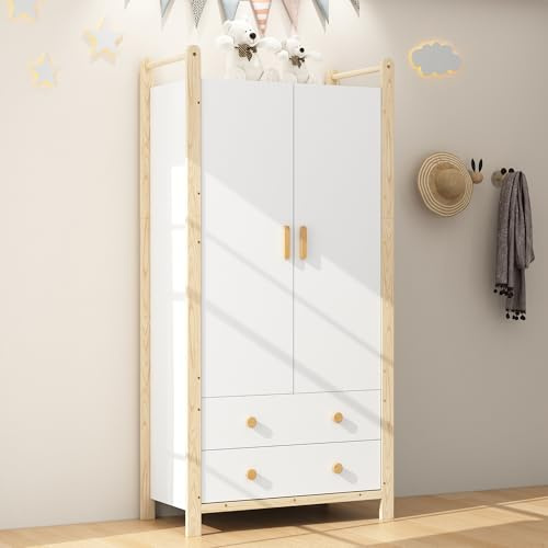 Mielvu 2-türiger Kleiderschrank, Kleiderschrank mit Kleiderstange, 2 Schubladen, für Schlafzimmer, Wohnzimmer, Flurgarderobe geeignet, aus Spanplatte, Körper + Kieferrahmen, 90×45×180 cm (weiß)
