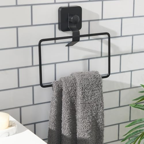 OHS Suction Towel Ring Black, Wall Mounted Bathroom Towel Ring No Drilling Rust Resistant Metal Hand Towels Holder for Bathroom Organizer & Kitchen Storage