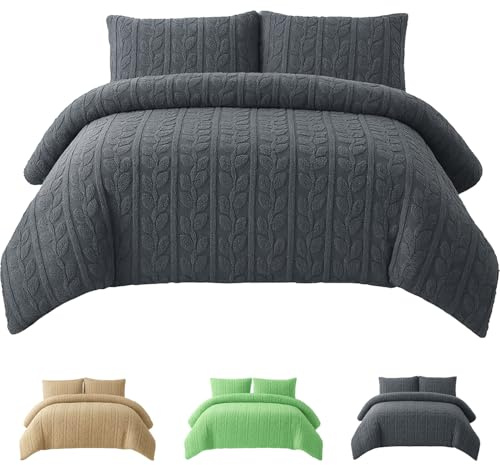 Rohi Grey Teddy Fleece Duvet Cover Set Super King – Soft & Cozy Bedding with Leaves Design Matching Pillowcases - Thermal Warmth Hypoallergenic & Breathable Quilt Cover Set Super King (260 x 220cm)