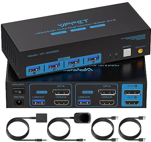 CMSTEDCD 8K60Hz Displayport HDMI KVM Switch 2 PC 2 Monitore USB 3.0 DP1.4 + HDMI2.1 Commutateur KVM pour 2 Ordinateurs, Partage Écran Double et 4 Dispositifs USB Avec 2 Câbles USB et Contrôleur Bureau