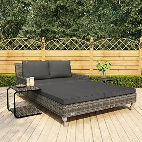 QZZCED Double Sun Lounger with Cushions, Grey Rattan and Dark Grey Cushion for Outdoor Patio Garden, 2-Person Weather-Resistant Poly Rattan Furniture, Modern Design