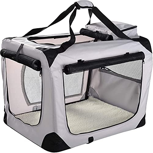 MOOL Lightweight Fabric Pet Carrier Crate with Fleece Mat and Food Bag, Grey