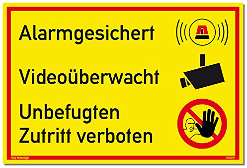 Schild Alarmgesichert Videoüberwacht | Unbefugten Zutritt verboten | stabiles Alu Schild mit UV-Schutz 30 x 20 cm | gelb | Alarmanlage Videoüberwachung Kameraüberwacht | Dreifke®