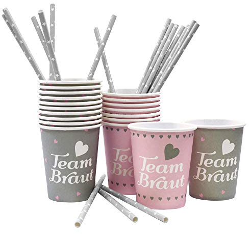Frau WunderVoll® 24 JGA PAPPBECHER + STROHHALME Team Braut, rosa, grau, Team Braut Junggesellinnenabschied JGA Accessoires Frauen JGA Deko Hochzeit