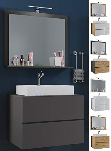 VCM 3-TLG. Waschplatz Waschtisch Badmöbel Set Waschbecken Lendas M Schublade 80, Anthrazit/Honig-Eiche