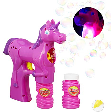 Relaxdays 1 x Einhorn Seifenblasenpistole, LED, batteriebetrieben, 2X Seifenblasen Flüssigkeit, Kinder & Erwachsene, pink