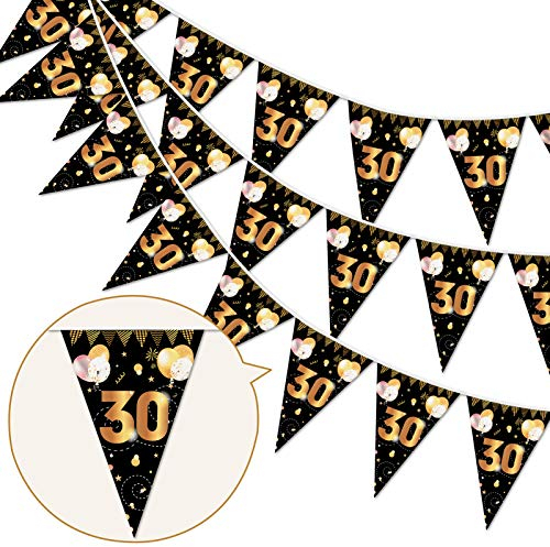HOWAF 30. Geburtstag Banner Girlande 30 Wimpel Girlande Bunting zum Aufhängen Wimpelkette für Frau Mann 30. Geburtstag Party Dekoration Geburtstags Deko Schwarz Gold