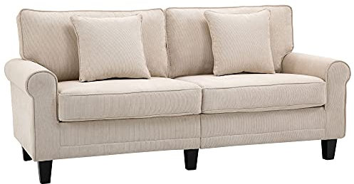 HOMCOM 3-Sitzer-Sofa in Cordstoff, Wohnzimmersofa, 197 cm, mit gepolsterten Arm- und Rückenlehnen, Sofa mit 2 Kopfkissen, Füße aus massivem Kiefernholz, für Wohnzimmer, Schlafzimmer, Büro, beige