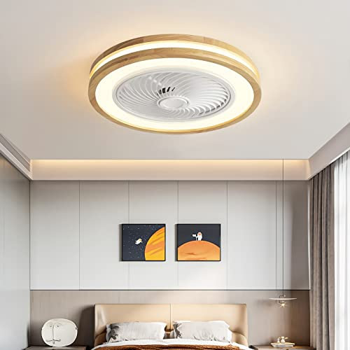 Ventilateur de plafond en bois LED avec lampe Ventilateur de plafond invisible moderne Ventilateur de plafond ultra-silencieux avec salle à Manger Chambre Plafonnier dimmable avec télécommande Ø50cm