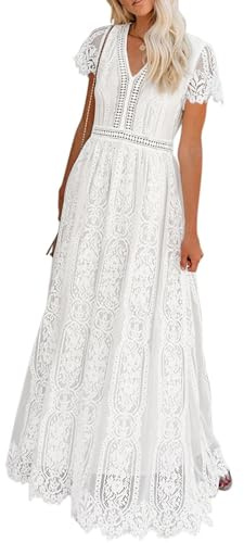 MEROKEETY Women's 2026 V Neck Short Sleeve Floral Lace Wedding Dress A Line Boho Bridesmaid Cocktail Party Maxi Dress, White, Large