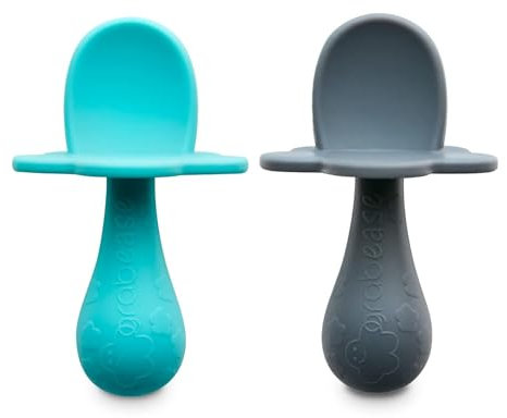 Grabease Baby Silicone Spoon Set for Baby-Led Weaning & First Stage Self-Feeding: Soft, Safe 100% Food-Grade Silicone, Safe for Dishwasher, No BPA/PVC/Latex/Phthalates, Set of 2 (Teal, Gray)