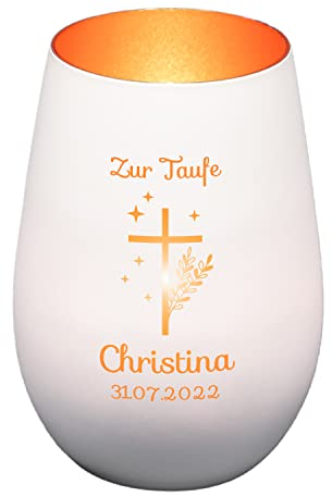 Windlicht mit Gravur zur Taufe | Weiß/Bronze | Motiv Kreuz mit Sternen | Geschenk zur Taufe Junge Mädchen | Tischdeko und Taufgeschenk personalisiert | Kerzenhalter | Teelichtglas | Teelichthalter