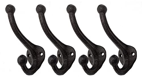 Spetebo Gusseisen Doppel Wandhaken antik Optik 11 cm - 4er Set - Nostalgie Kleiderhaken groß - Deko Wand Haken dunkelbraun vintage Landhaus Doppelhaken