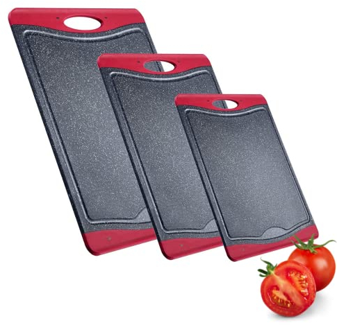 Westmark 3 tablas de cortar, 3 tamaños, con ranura para líquido, antideslizante y apta para cuchillas, aspecto granito, plástico, antracita/rojo, 621722E6