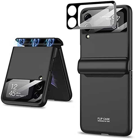 Miimall Compatible with Samsung Galaxy Z Flip 4 Case, Magnetic Hinge Protection Shockproof Hard PC Cover with Glass Camera Protection Full Protective Shell Cover Case for Z Flip 4-Black