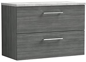 nuie ARN526LBG Arno Modern Bathroom Wall Hung 2 Drawer Vanity Unit with Laminate Worktop, 800mm, Matt Electric Blue/Bellato Grey