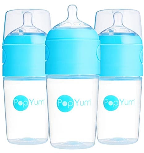 PopYum 9 oz Blue Anti-Colic Formula Making/Mixing/Dispenser Baby Bottles, 3-Pack with #2 Medium Flow Nipples, 260 ml, BPA-Free, Natural Latch