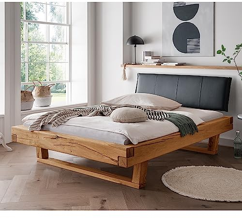Lomadox Doppelbett Ehebett Bett Echtholz Massivholz, 180x200 cm, Eiche massiv, schwarzes Echtleder-Kopfteil, Massivholzkufen, B/H/T ca. 198/88/228 cm