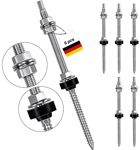 Stockschrauben M10 x 200 mm Stockschrauben PV Anlage (6er Pack) Edelstahl Höhenverstellbar Stockschraube Dübel für Photovoltaik Solarbefestigung auf Gebäudedächer Material: Edelstahl (SUS304)