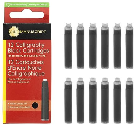 Manuscript Black Ink Cartridges (Pack of 12) - Calligraphy Ink Cartridges for Fountain Pens, Compatible with International Size Fountain Pen, Perfect for Creative Writing