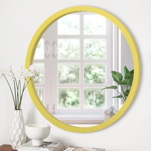 JJUUYOU Kreis Wandspiegel 40,6 cm runder Spiegel für Badezimmer, gelber runder Spiegel, Waschraum, Wanddekoration, Holzrahmen, Spiegel für Wohnzimmer, Schlafzimmer, Wohnheim, dekorativ