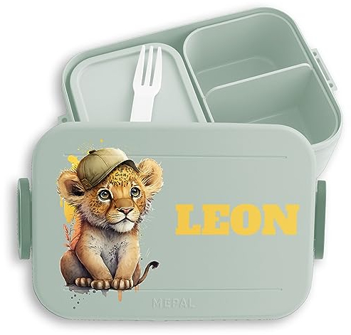 Kinder Bento Box Midi Lunchbox für Mepal Bentobox - Süßer Löwe Löwen Lion Leo - 900 ml - Sage Grün - brotdose junge kindergarten brotzeitbox mädchen kita tiere snackbox fächern