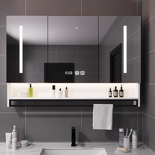 UkewEi Armoire Murale de Salle de Bain avec Miroir Lumineux avec LED et Anti-Buée, Porte-Serviettes et 1 Rangements Ouverts, 3 Porte Armoire de Toilette avec Espace de Rangement, 100*13*80cm ( Color :