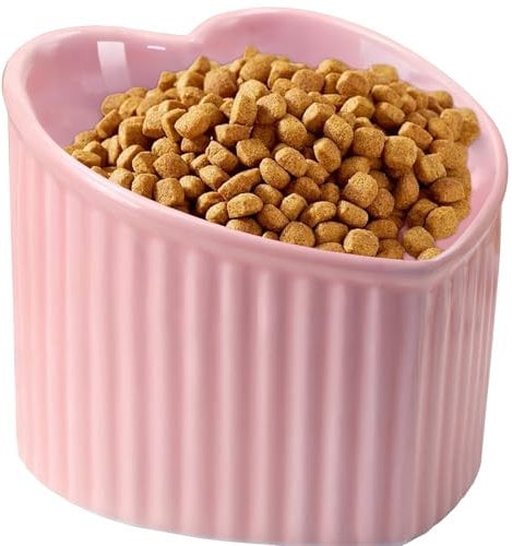 SUNQEBO Elevated Cat Bowl, Raised Cat Food Bowls for Indoor Cats, Ceramic Tilted Kitten Dish Pet Whisker Friendly Fatigue Anti Vomit for Puppy, Cute Heart Shaped(Pink)