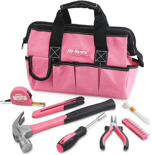 Set da 16 Pezzi di Attrezzi Rosa Hi-Spec Essenziali per la Casa e il Fai da Te Ideale per Donne. Set completo di attrezzi contenuti in una pratica cassetta suddivisa in scompartimenti con chiusura