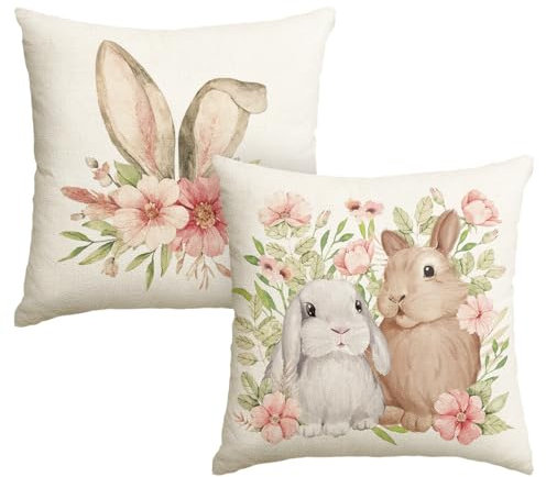 Artoid Mode Rosa Hasenohren Hasen Blumen Ostern Kissenbezüge 2er Set, 45x45 cm Strifen Tupfen Frühling Zierkissenbezug Couch Wohnzimmer Deko